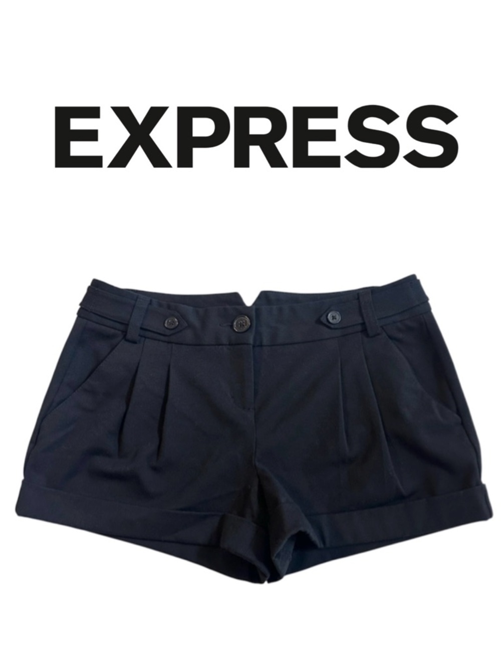 EXPRESS Black Pleated Dress Shorts Cuff 2.5” Mini Whimsigoth Upscale Glam Wmn 2
